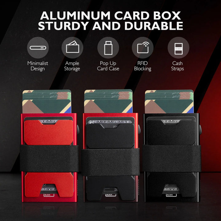 Aluminum card box with various features highlighted on a dark background