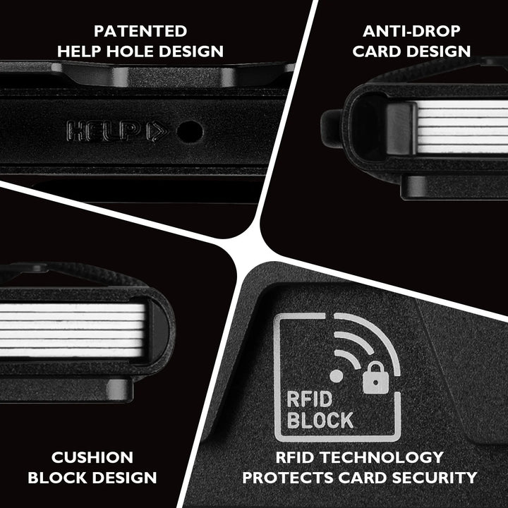 Collage of features including a patented help hole design, anti-drop card design, cushion block design, and RFID block technology on a black background.