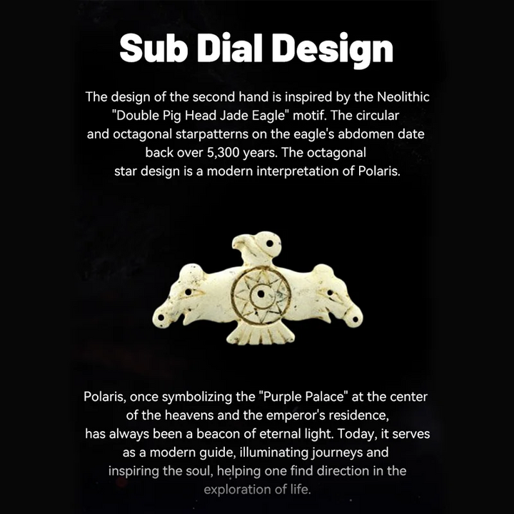 Decorative object with star pattern on a black background with text about Polaris and Neolithic design.