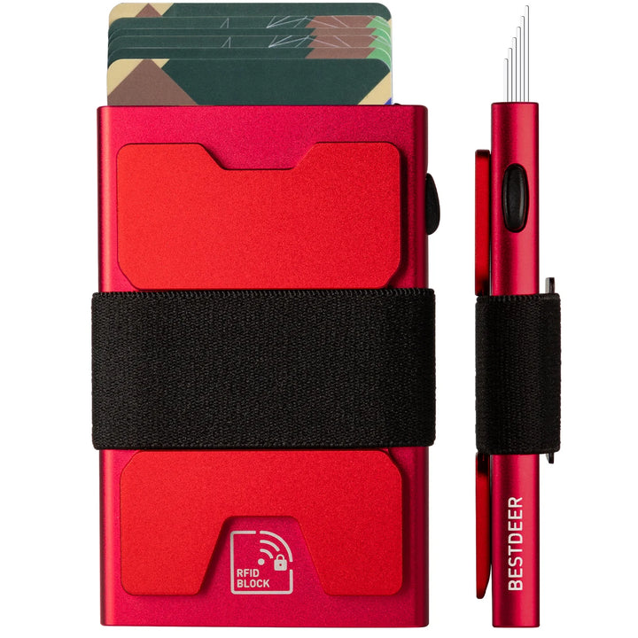 Red cardholder with multiple card slots and a pen on a white background