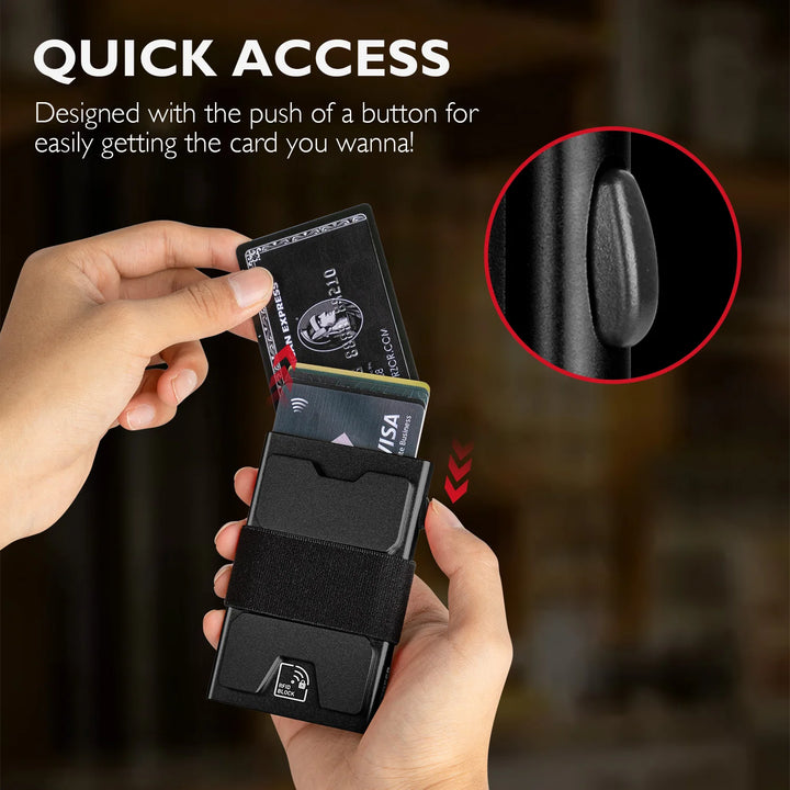 Card holder with quick access feature, showing a hand using it.