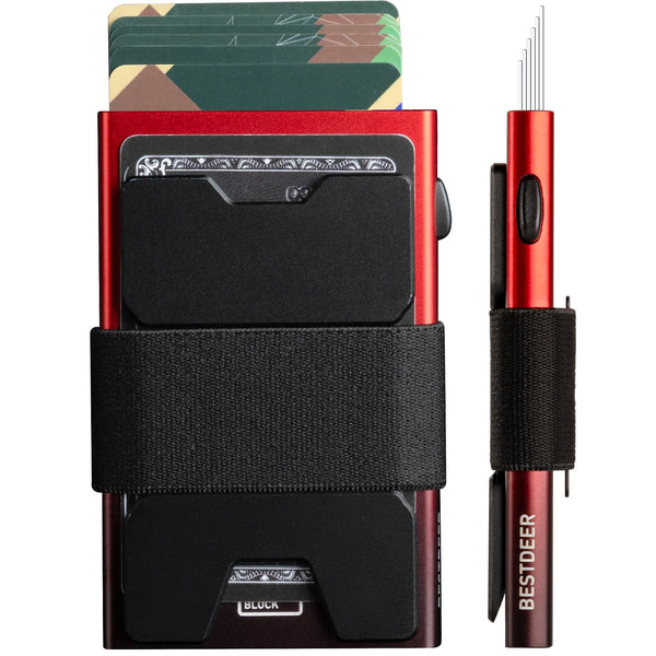 Red and black cardholder with cards and a pen on a white background
