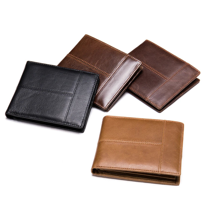 Three leather wallets in black, brown, and another brown shade on a white background