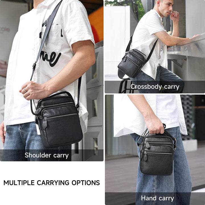 Black crossbody bag being carried by a person in various ways with text labels.