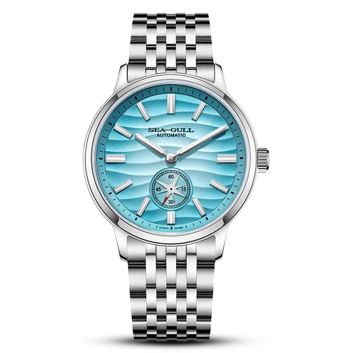 Sea-Gull watch with blue face and silver metal strap on white background
