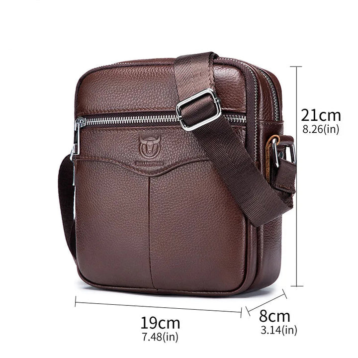 Brown leather crossbody bag with measurements on a white background, featuring the Bullcaptain brand.