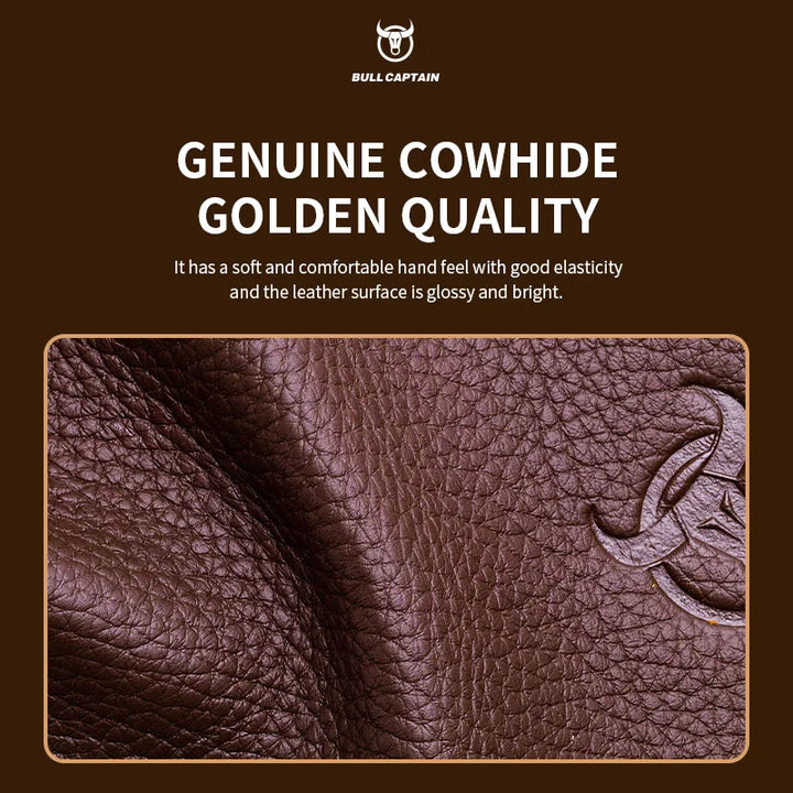 Brown leather surface with a brand logo on a brown background, featuring text about genuine cowhide quality.