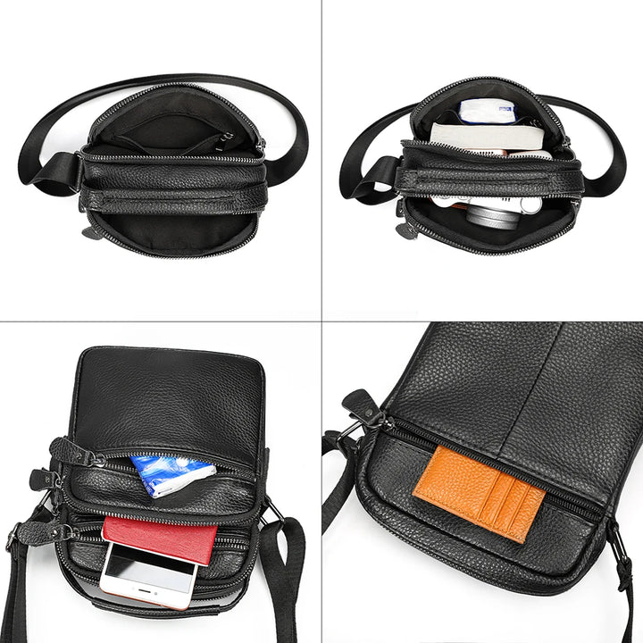 Black leather crossbody bag with multiple compartments and zippers on a white background