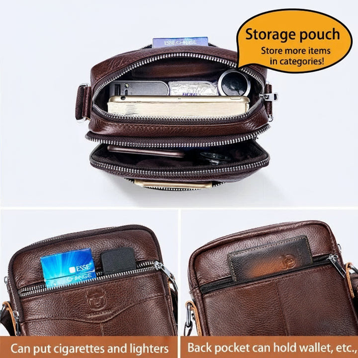 Brown storage pouch with compartments for items, featuring Bullcaptain branding.