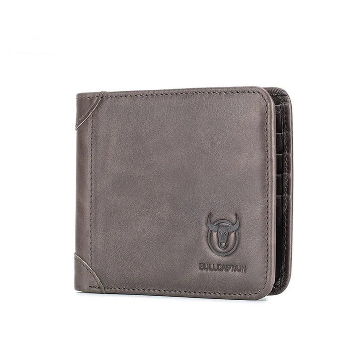 Gray wallet with Bullcaptain logo on a white background