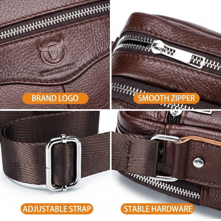 Brown leather bag with brand logo, smooth zipper, adjustable strap, and stable hardware.