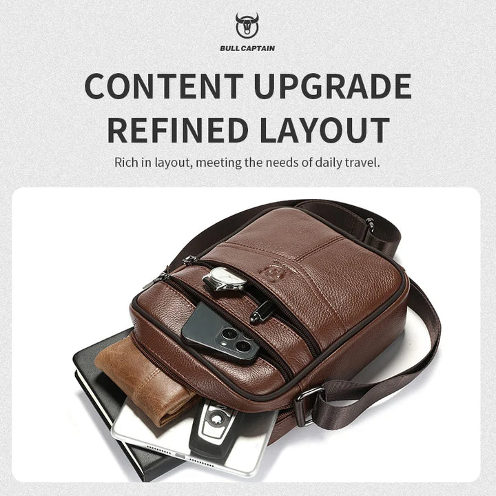 Brown leather crossbody bag with a refined layout design on a light gray background.