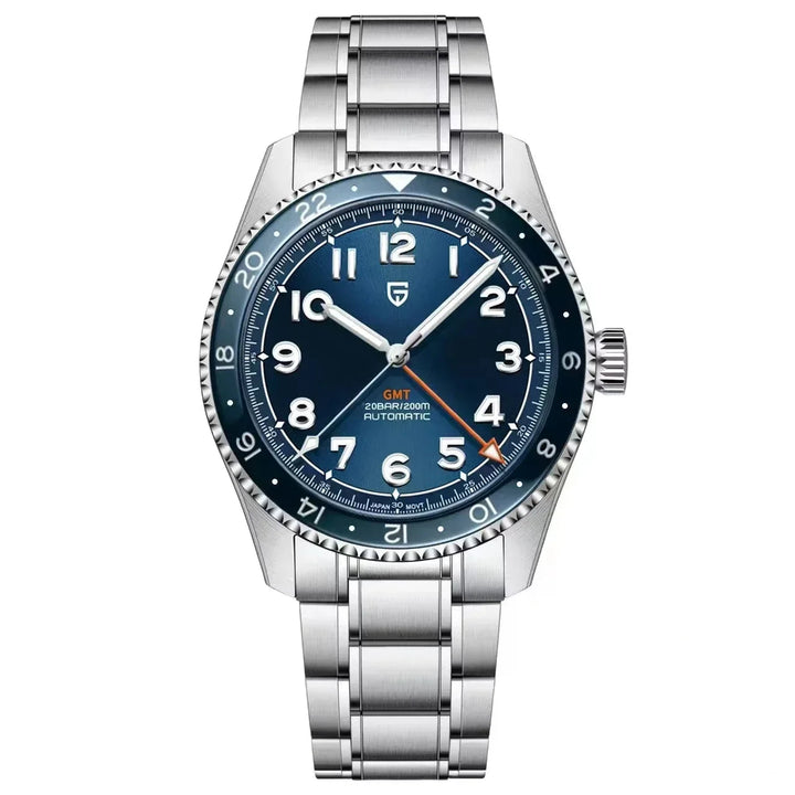 Pagani Design watch with blue dial and silver metal strap on a white background