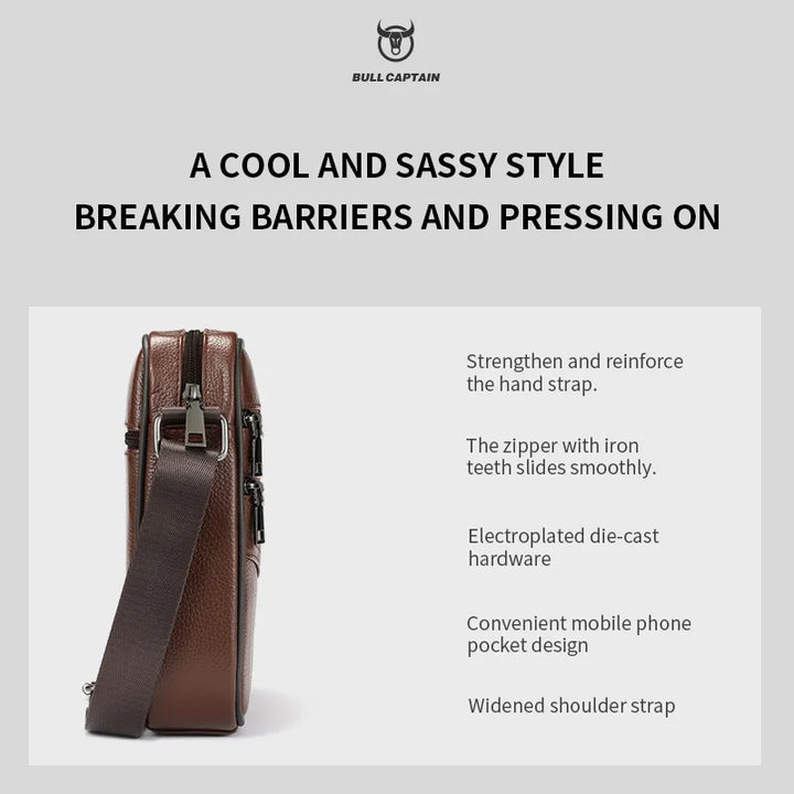 Brown leather bag with features listed on a gray background, featuring the Bull Captain brand.