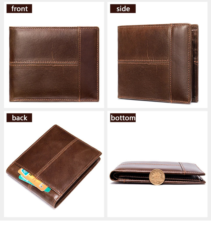 Brown leather wallet shown from front, side, back, and bottom views.