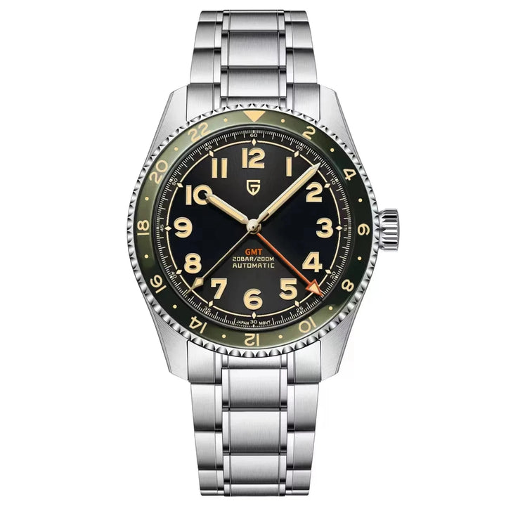 Pagani Design watch with black dial and silver metal strap on a white background