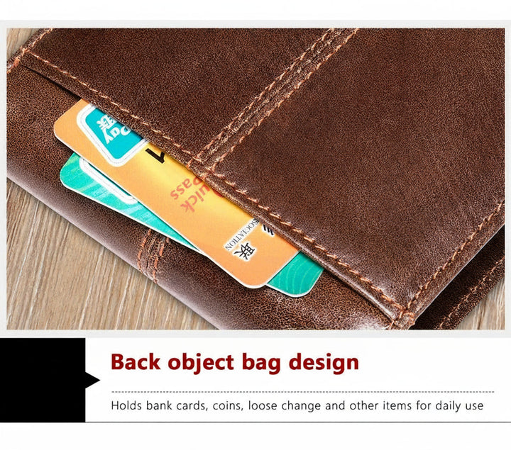 Brown leather wallet with cards and coins on a wooden surface