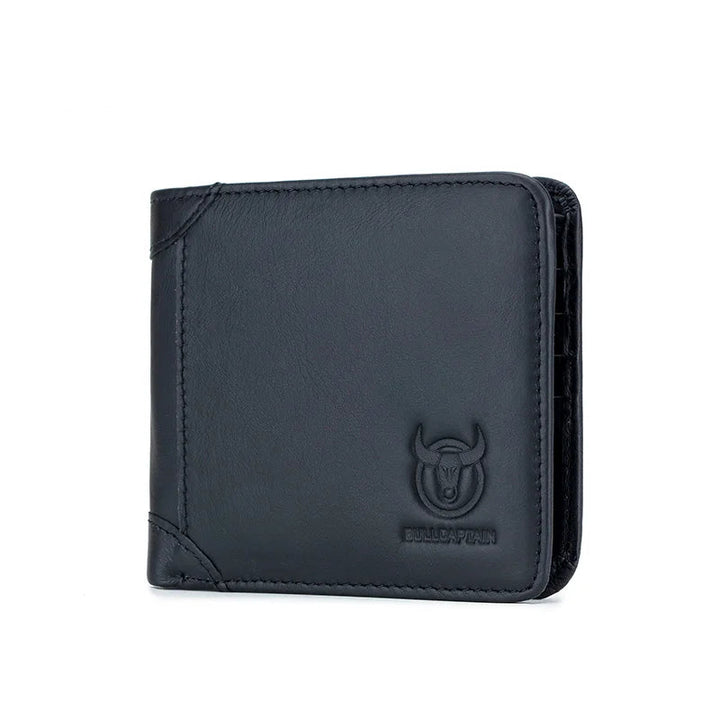 Black leather wallet with Bullcaptain logo on a white background