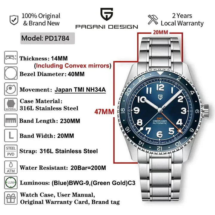PAGANI DESIGN watch with detailed specifications on a white background