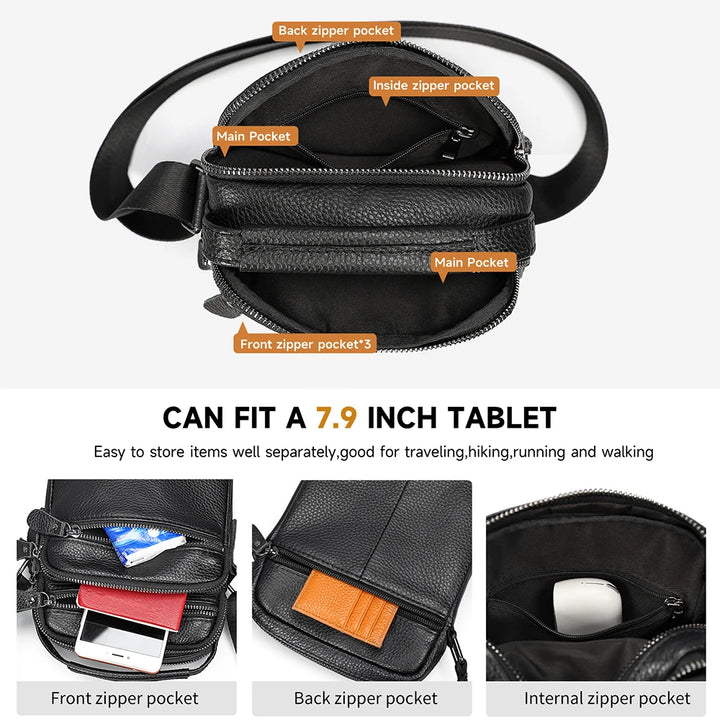 Black leather waist bag with multiple pockets labeled, suitable for storing items like a 7.9 inch tablet.