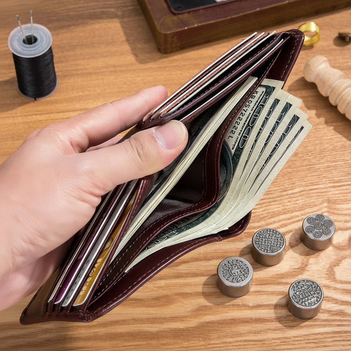Hand holding an open brown leather wallet with money on a wooden surface