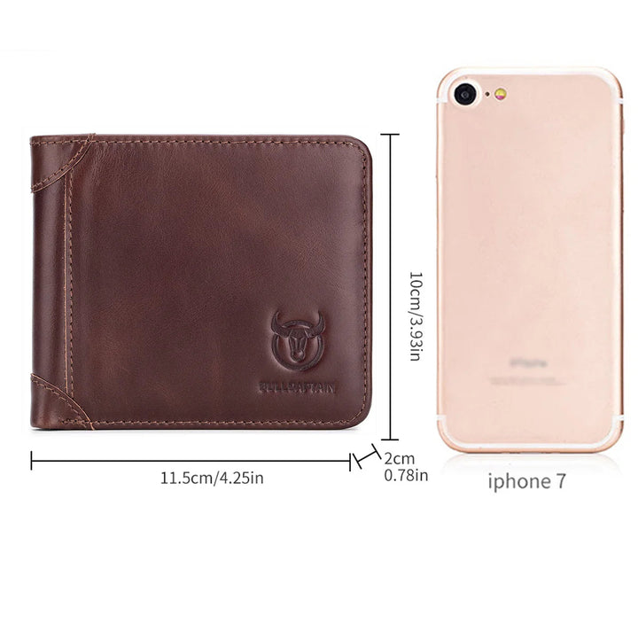 Brown leather wallet with dimensions compared to an iPhone 7 on a white background