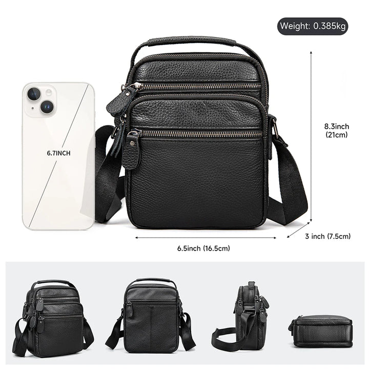 Black leather crossbody bag with measurements and smartphone for scale on a white background