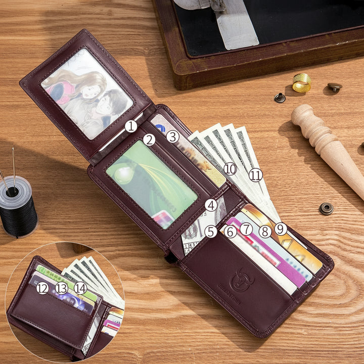 Open brown leather wallet with various compartments on a wooden surface, featuring the Bullcaptain brand.