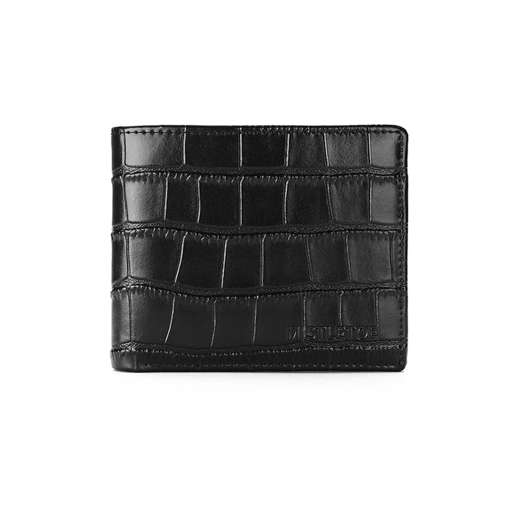 Black leather wallet with crocodile texture on a white background
