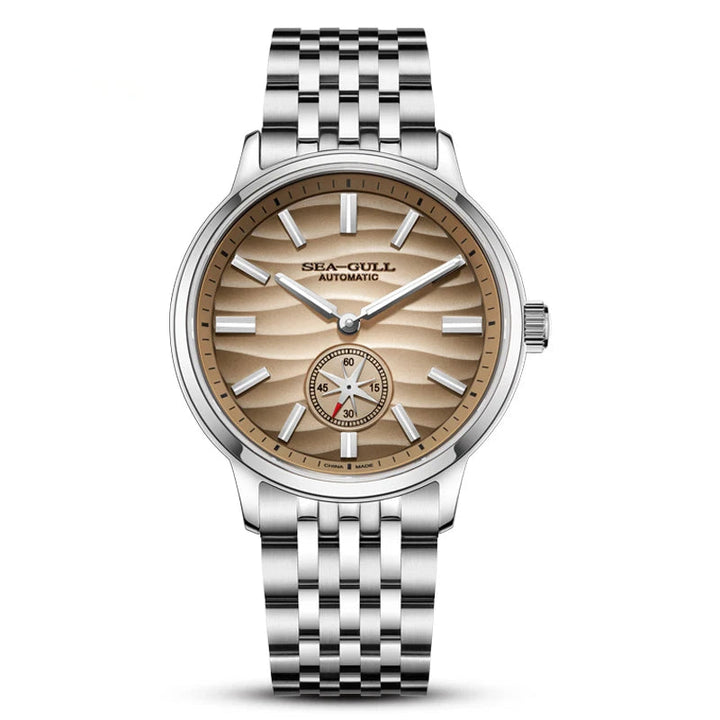 Sea-Gull watch with silver metal strap and brown dial on a white background