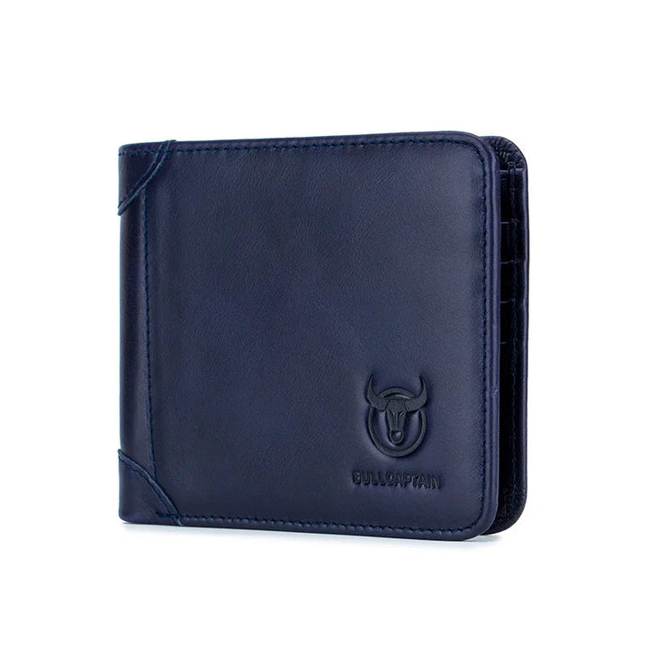 Navy blue wallet with Bullcaptain logo on a white background