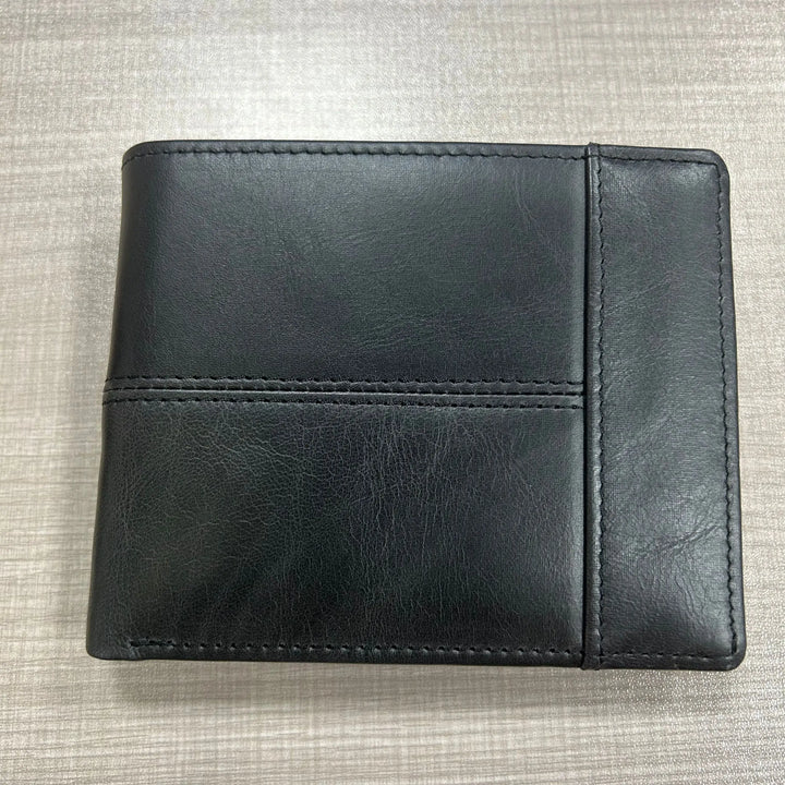 Black leather wallet on a textured gray surface