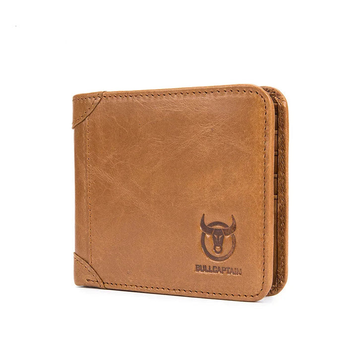 Brown leather wallet with Bullcaptain logo on a white background